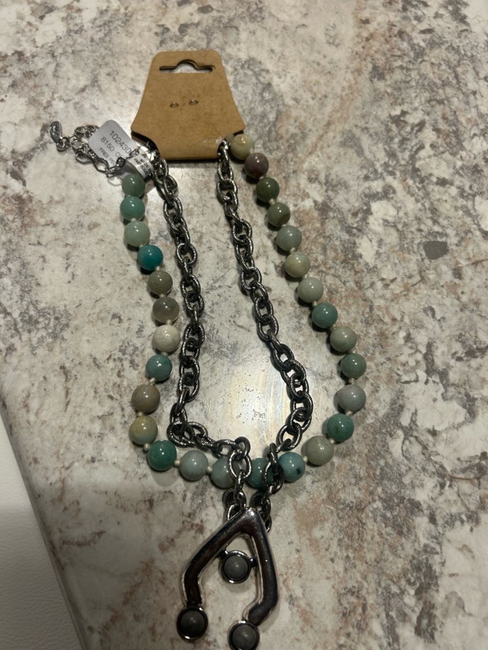 Free People Green Beaded Double-Strand Necklace with Silver-Tone Pendant